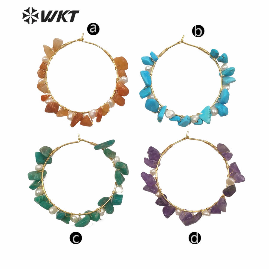 WT-MPE038 Gold Electroplated Crushed Stone Round Hoop Earrings Charming Hand Make Wire Wrapped Stone Earrings