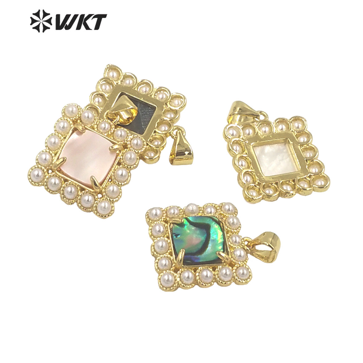 WT-JP356 Unique Gold Claw Setting Natural Square Abalone Shell Pendants With Artificial Pearl Charming Jewelry Pendants