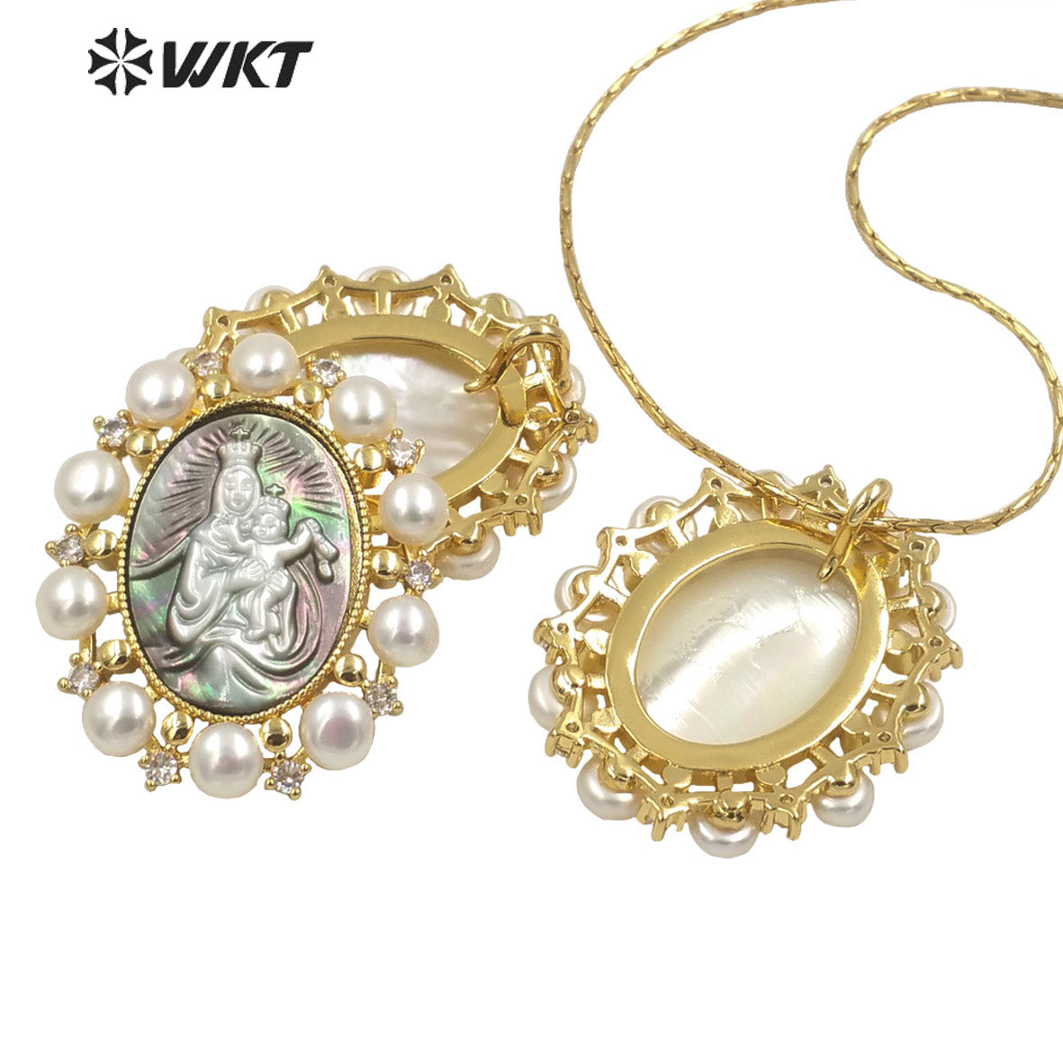 WT-JP276 WKT Gold Fashion Micro Pave Cubic Zircon Christian Religious Charm Pendant with Pearl Trim Royal Style Pearl Pendant