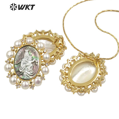 WT-JP276 WKT Gold Fashion Micro Pave Cubic Zircon Christian Religious Charm Pendant with Pearl Trim Royal Style Pearl Pendant