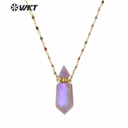 WT-N1234 Wholesales Amazing Natural Purple Stone Essential Oil Bottle Necklace Double Point Quartz Aura Perfume Bottle Necklace