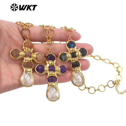 WT-JN374 Factory Wholesale Metal Chain With Natural Gemstone And White Shell Cross Pendant Necklace As Girl Daily Jewelry