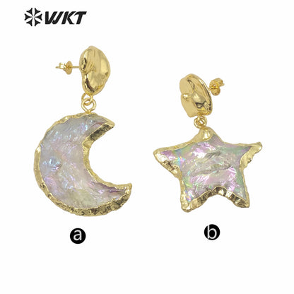 WT-E633 WKT Exclusive Natural Handmade Raw Crystal Quartz AURA Moon Earrings Fashion Gold Electroplated Raw Stone Star Earring