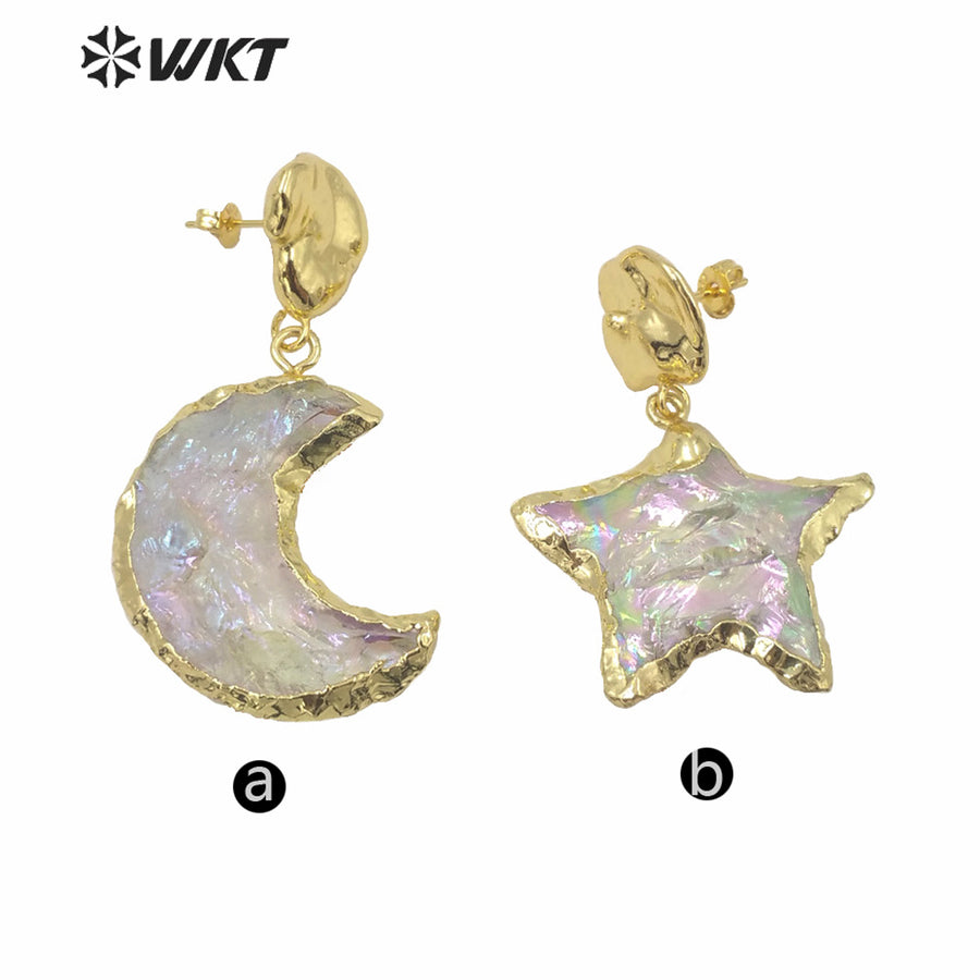 WT-E633 WKT Exclusive Natural Handmade Raw Crystal Quartz AURA Moon Earrings Fashion Gold Electroplated Raw Stone Star Earring