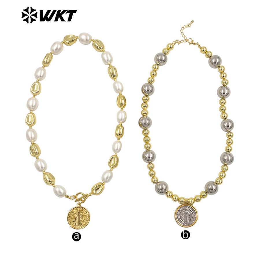WT-JN303 Customize 18K Gold Plated and Silver Round Flat Pearl Beads Religious Shell Necklace Fashion Special Jewelry for Ladies