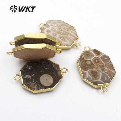 WT-C261 Gold Bezel Pendant Polygon Stone Chakra Collection for Women Jewelry Making Natural Ocean jasper Stone Connectors