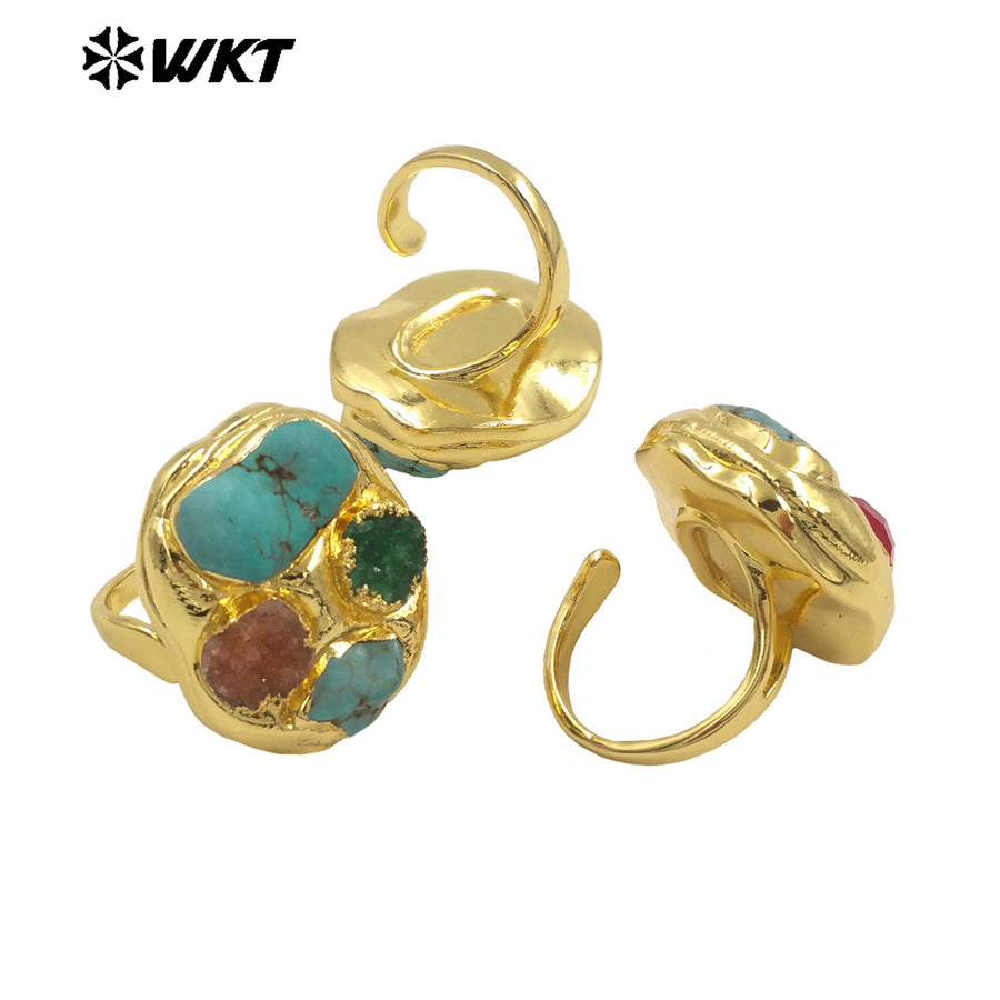 WT-R548 Natural Colored Turquoise/Pearl/Jade/ Druzy Stone Ring With 18k Gold Plating Ring for Unisex Party Decorated