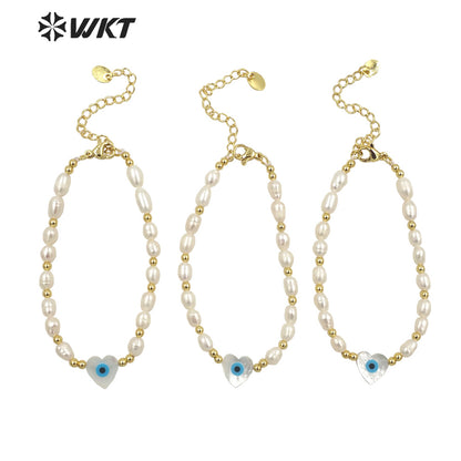 WT-MPB060 Wholesale Fashion White Freshwater Pearl Bracelet with Lobster Close Charming Shell Eye Beads Bracelet