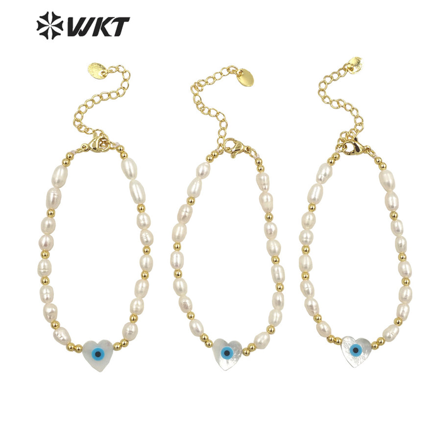 WT-MPB060 Wholesale Fashion White Freshwater Pearl Bracelet with Lobster Close Charming Shell Eye Beads Bracelet