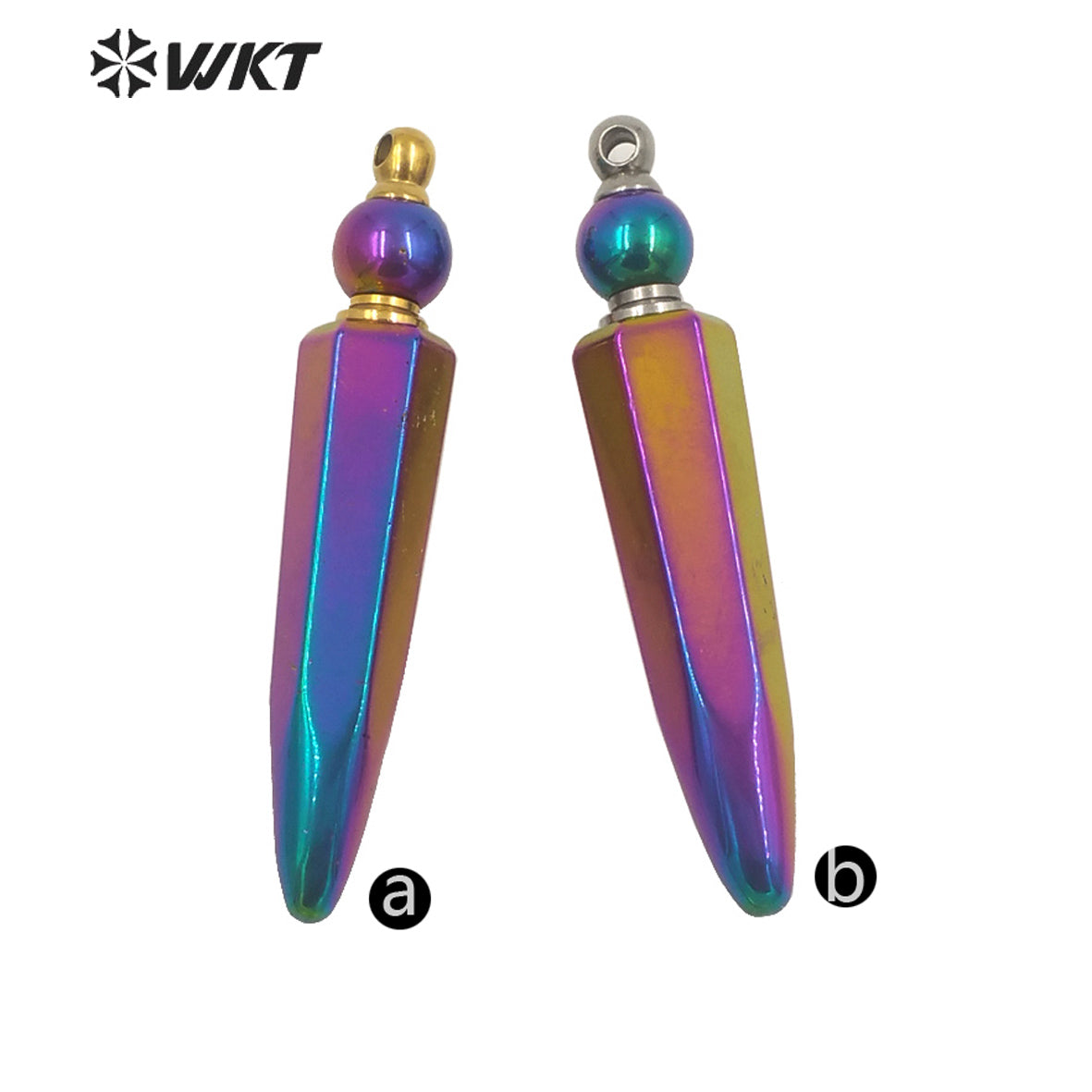 WT-P1643 Wholesale Fashion Rainbow Blue Titanium Bullet Long Perfume Bottle Stone Pendant Women Essencial Oil Bottle Pendant