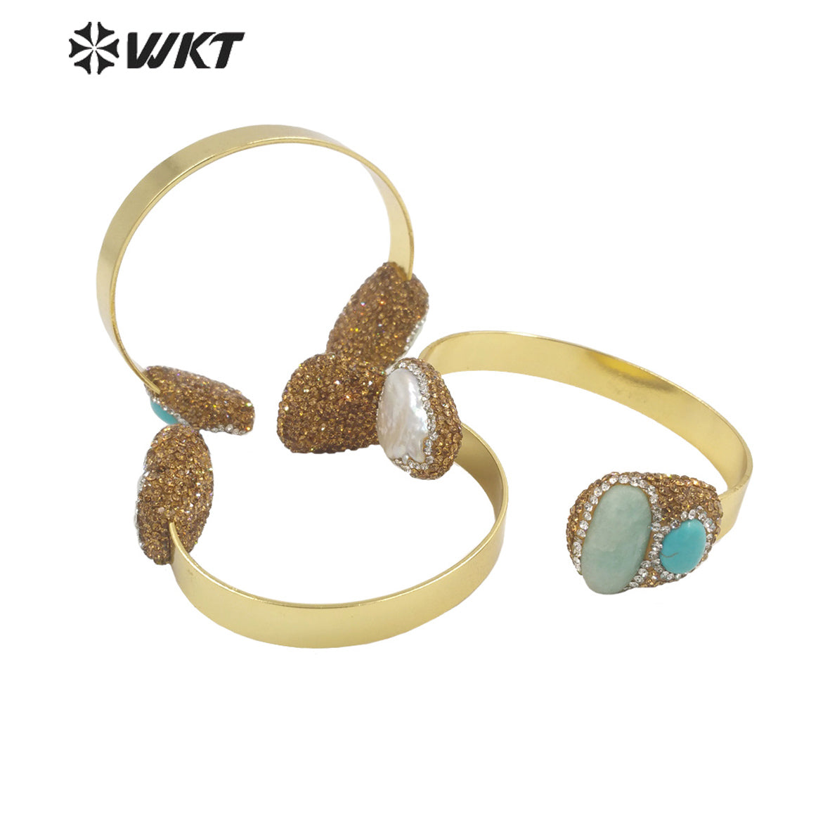 WT-MPB088 WKT Amazing Gorgeous Double Stone Bangle 18k Gold Plated Natural Sun Stone Amazonite Pearl Bangle in Adjustable