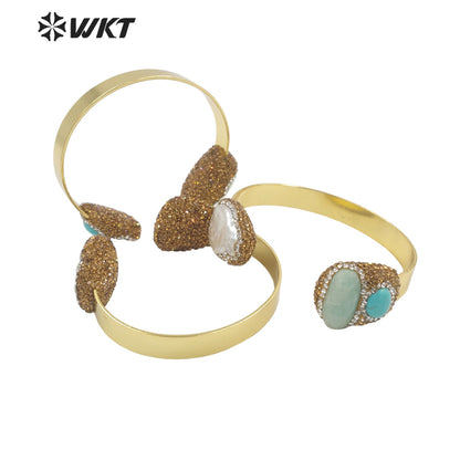 WT-MPB088 WKT Amazing Gorgeous Double Stone Bangle 18k Gold Plated Natural Sun Stone Amazonite Pearl Bangle in Adjustable