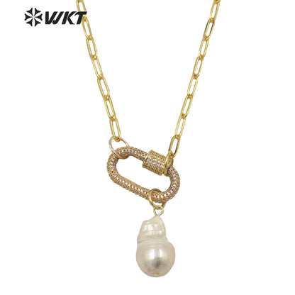 WT-JN152 Wholesale Fashion Gorgeous Natural Freshwater Baroque Pearl Necklace Gold Micropaved CZ Clasp Decorative Pearl Necklace