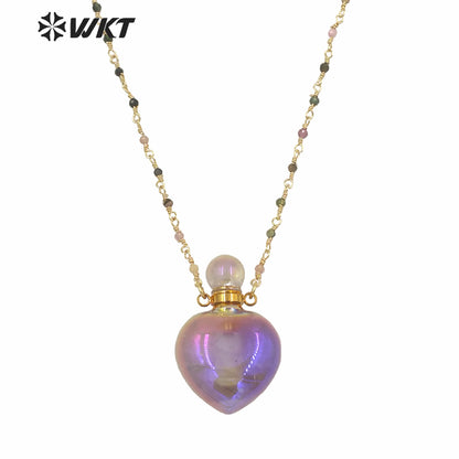 WT-N1238 Wholesale Gorgeous Amazing Heart Purple Bottle Necklace Natural a Methyst Stone Heart Perfume Bottle Necklace