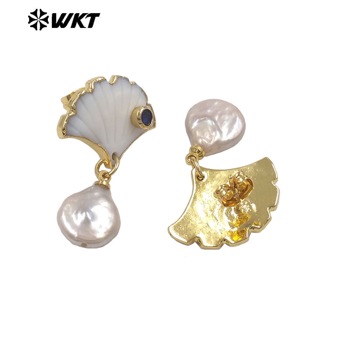 WT-MPE194 Luxury 18K Gold Plated Zircon And Shell Connect Natural Pearl Earrings For Women Vintage Trendy Jewelry Accessory