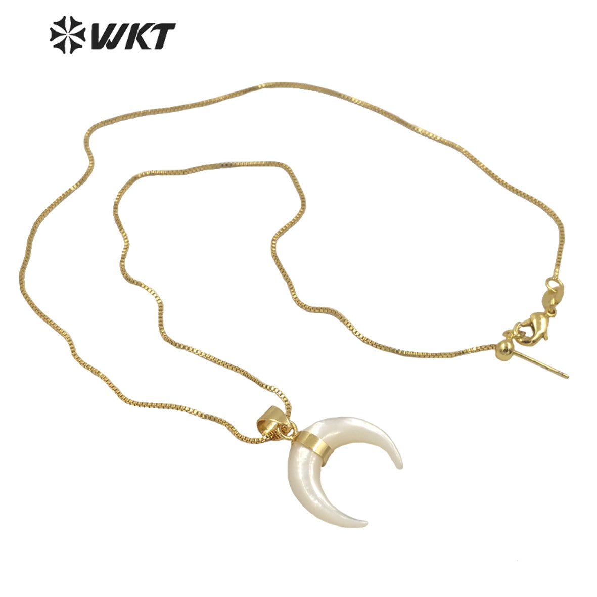 WT-JN147 Wholesale Hot Sale 2023 Bright Natural Mother of Pearl Crescent Horn Necklace 18K Real Gold Plated Bezel Tiny Horn Chain