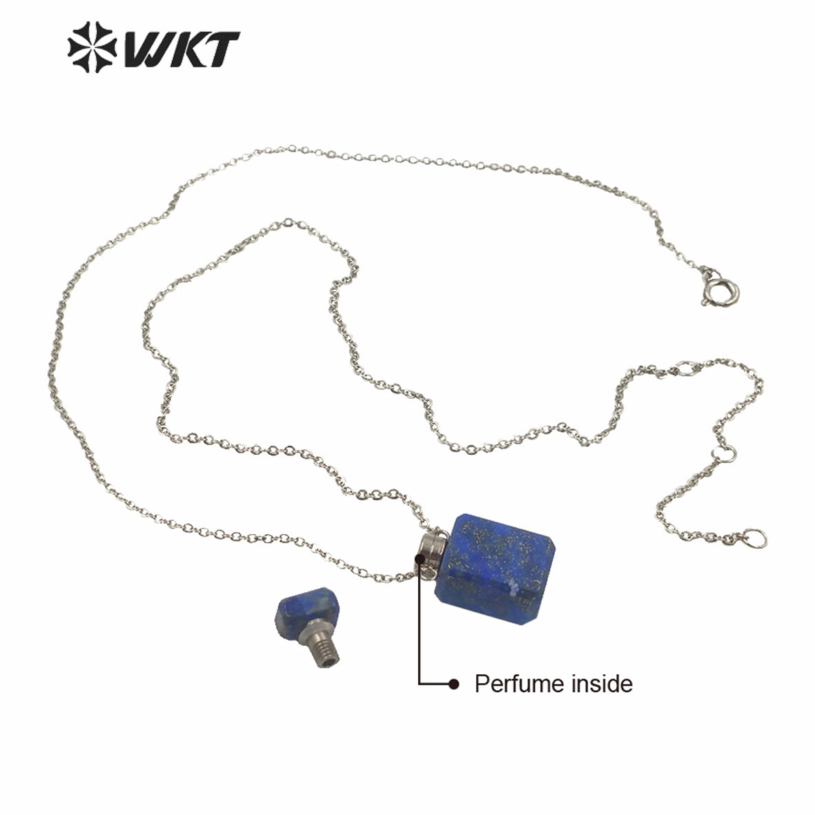 WT-N1240 WKT New Design Small Size Stainless Steel Chain Stone Bottle Necklace Mini square Steel France Perfume Bottle Necklace