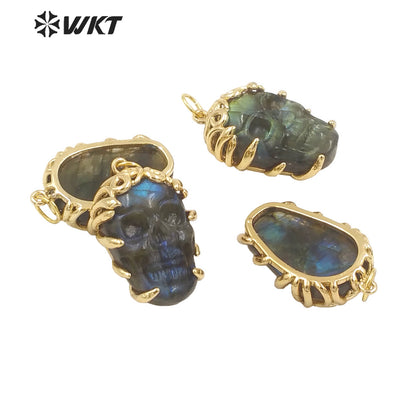 WT-N1462 Hollowen Unique Gift 18K Real Gold Plated Skull With Bezel Setting Labradorite Stone Pendant Necklace