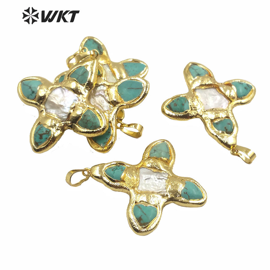 WT-JP216 WKT Jewelry Exclusive Unique Design Green Turquoise Stone Pendant Single Gold Plated Pearl Cross Pendant for Lady