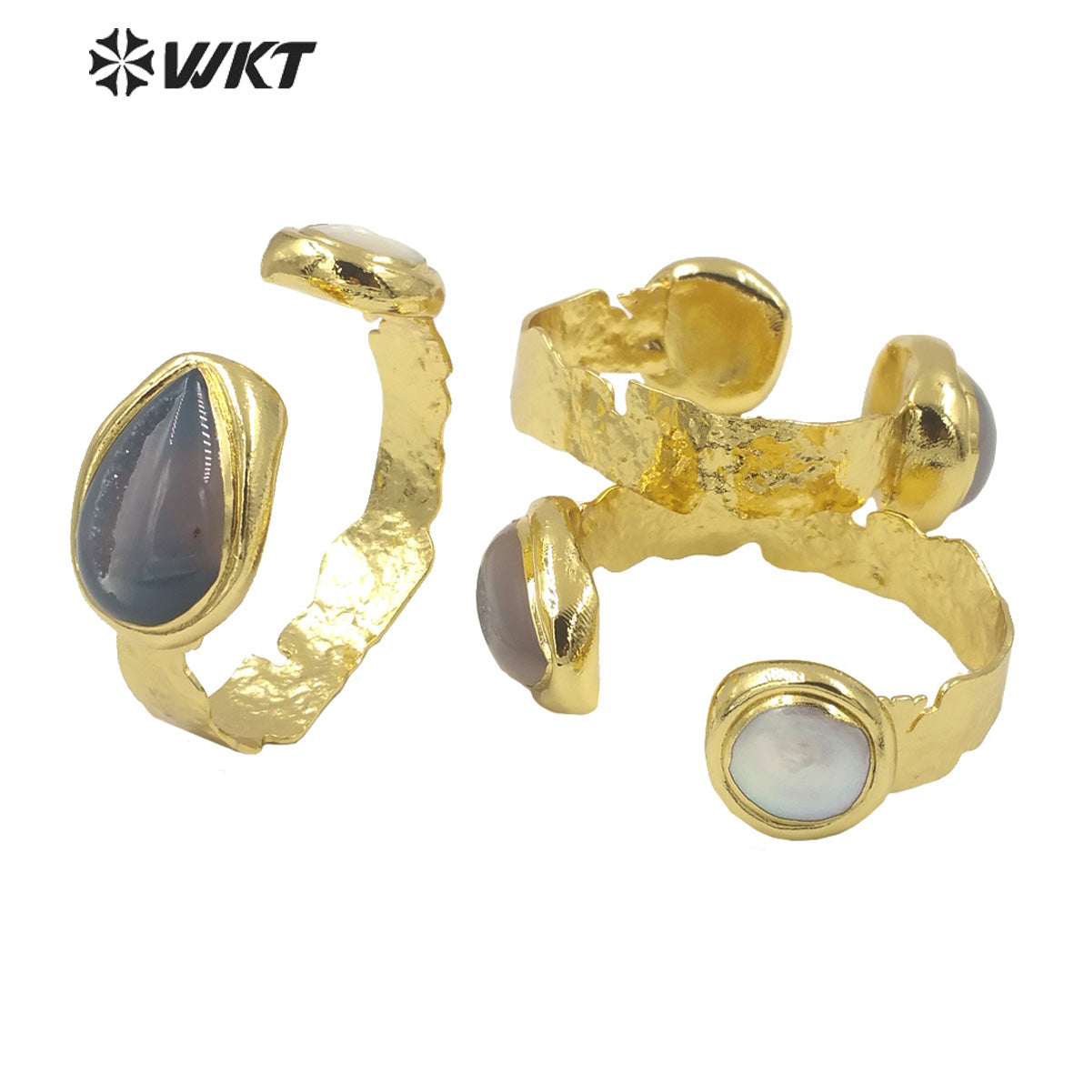 WT-B653 Wholesale New Gorgeous Natural Teardrop Druzy Geode Agate and Real Pearl Bangle in Adjustable With 18k Gold Plated