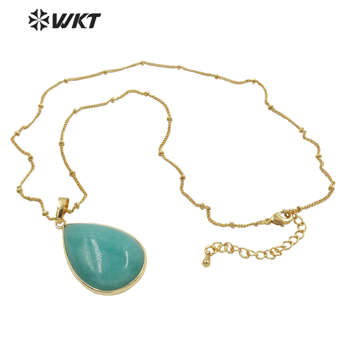 WT-N1292 Women 18 Inch Long Natural Teardrop Stone Necklace 18k Real Gold Plated Bezel Pear Drop Blue Necklace