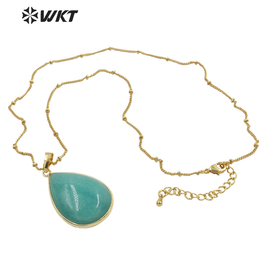 WT-N1292 Women 18 Inch Long Natural Teardrop Stone Necklace 18k Real Gold Plated Bezel Pear Drop Blue Necklace