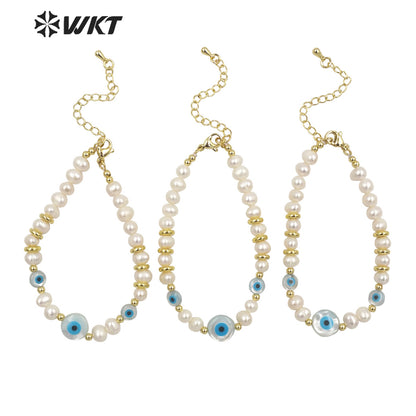 WT-MPB068 Wholesale Fashion Gold Shell Eye Pearl Bracelet Gorgeous Handmade Strand Space Beads Pearl Bracelets