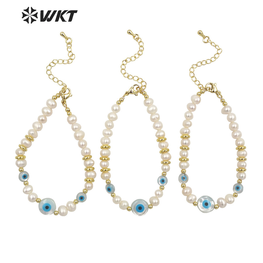 WT-MPB068 Wholesale Fashion Gold Shell Eye Pearl Bracelet Gorgeous Handmade Strand Space Beads Pearl Bracelets
