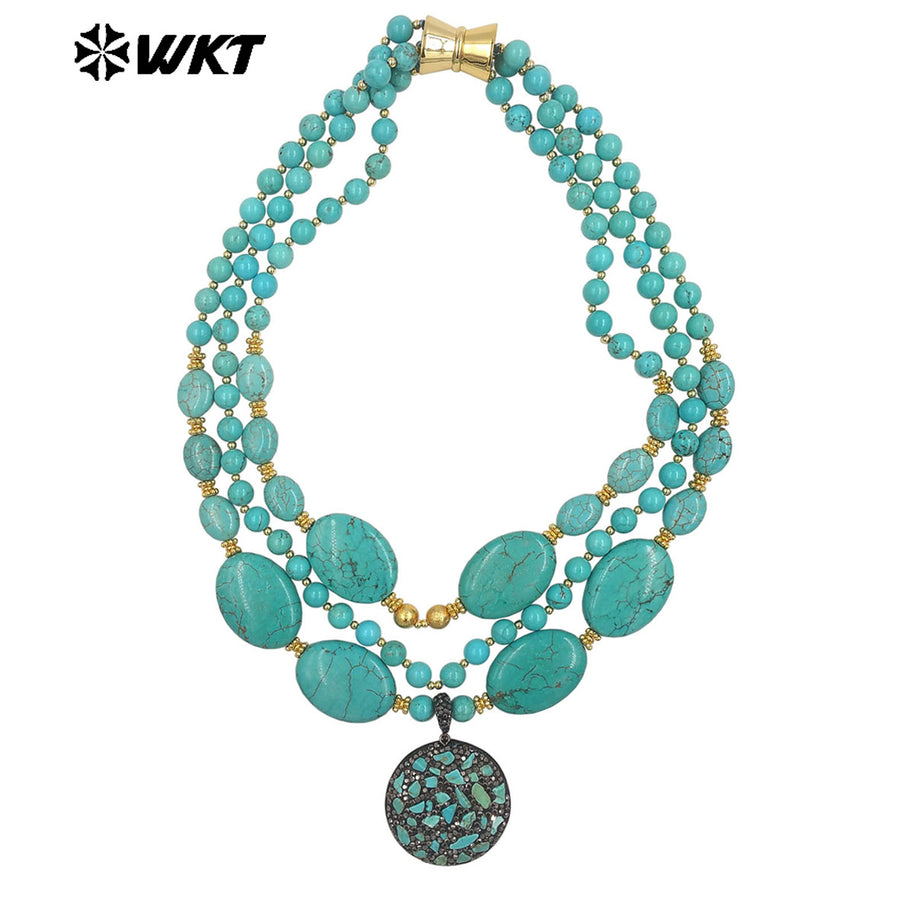 WT-N1506 Gorgeous Luxury Natural Turquoise And Gold Plated Bead With Little Stones Pendant Three Layers Necklace For Unique Gift