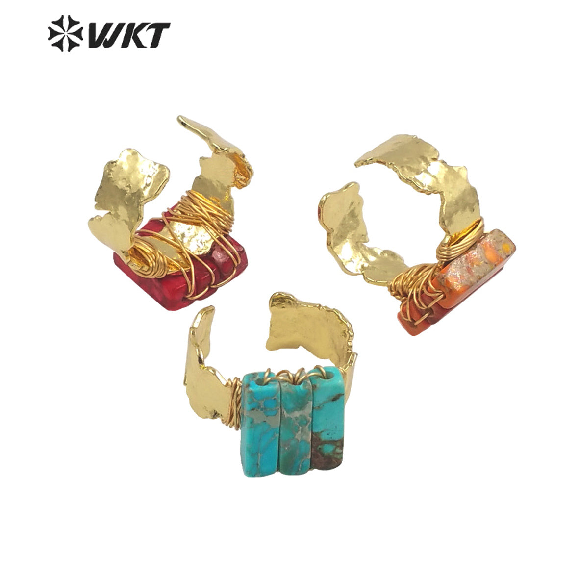 WT-R423 Fashion Gold Wire Wrapped Ocean jasper Ring for Women Colorful Natural Stone Handmade Ring in Bohemian Ring