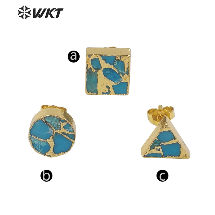 WT-E645 Wholesale Fashion Tiny 10mm Copper Turquoise Earrings Studs Lady Chick Gold Electroplated Stone Studs for Friends