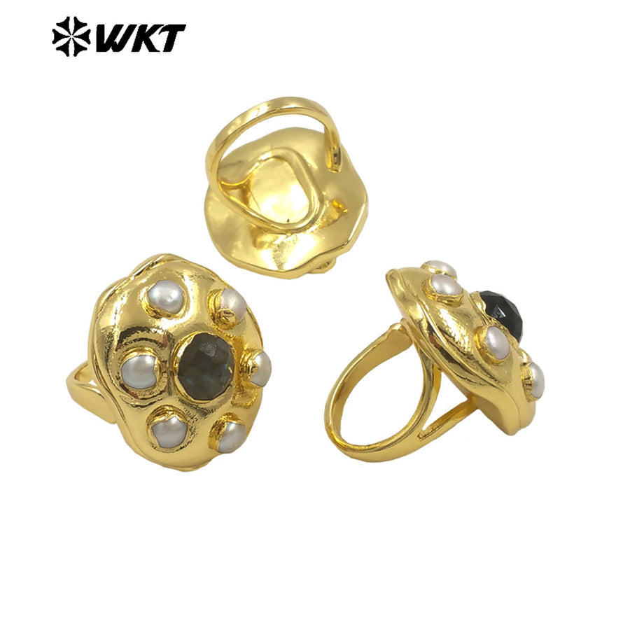 WT-MPR115 High Quality Unisex 18K Gold Plated Six Pearl and Natural Black Stone Round Shape Ring Exquisite Jewelry Accessories