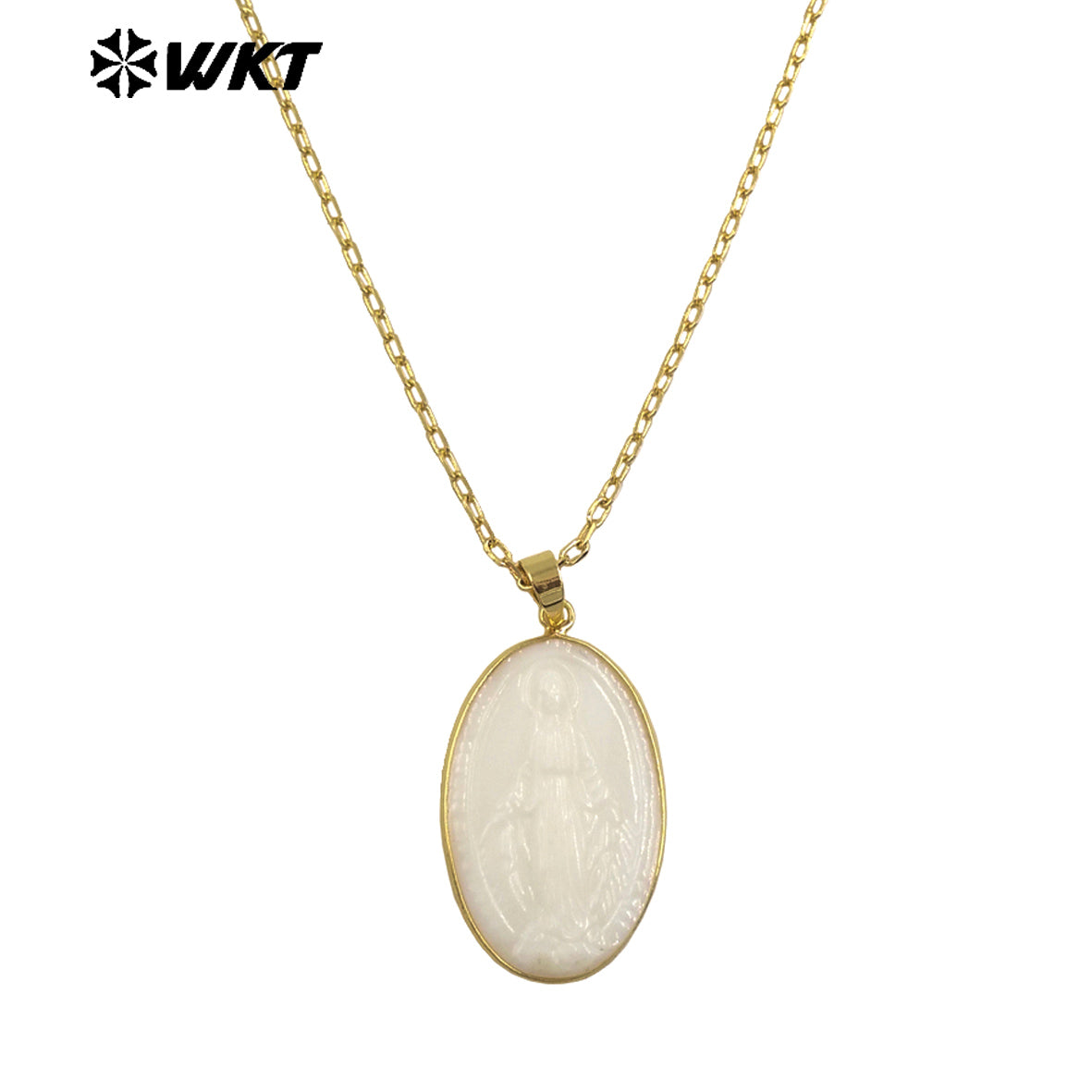 WT-JN315 New Hot Style Fashion Gold Plated Bezel Setting White Shell Carved Virgin Mary Pendant Necklace For Gift