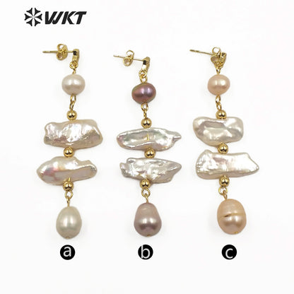 WT-MPE015 Wholesale Elegant Freshwater Pearl Long Earring Real Gold Plated Lady Charm Jewelry Natural Pearl Dangling Earring