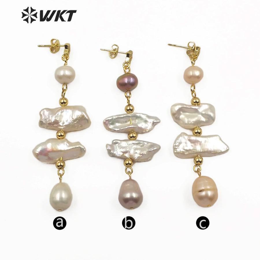 WT-MPE015 Wholesale Elegant Freshwater Pearl Long Earring Real Gold Plated Lady Charm Jewelry Natural Pearl Dangling Earring