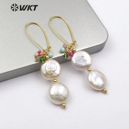WT-E576 Hot-sale Natural Double Pearl Earring With Crystal Beads Women Stylish Jewelry Pearl Earring Lady Charm Earring