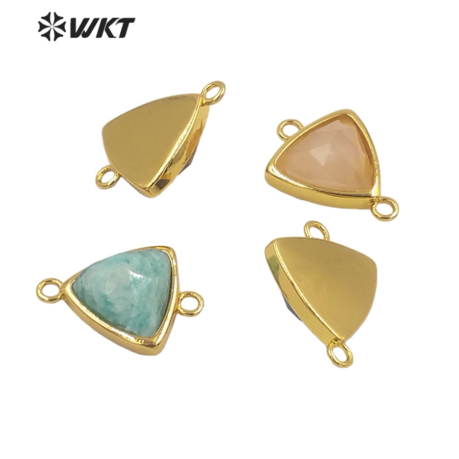 WT-C309 Wholesale Fashion Gold Bezel Stone Connectors Small Size Gemstone Triangle Jewelry Findings Connectors for Bracelets