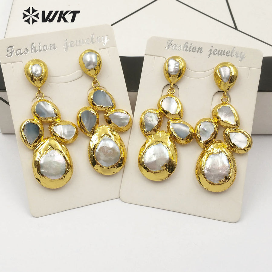 WT-E496 Gold Electroplated Pearl Jewelry for Wedding Jewelry Irregular Shape Pearl Drop Earring Freshwater Pearl Earring