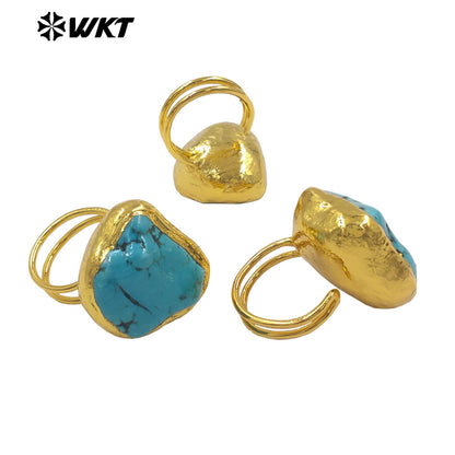 WT-R579 Vintage Fashion Gold Plated Natural Green Turquoise Irregular Stone Women Rings As Dance Party Wearing Jewelry