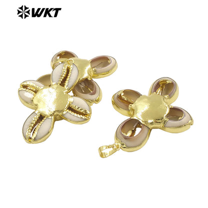 WT-JN296 Wholesale New Products Stylish 18K Gold Plated Natural Cowrie Shell Cross Unisex Necklace for Friends As Birthday Gifts