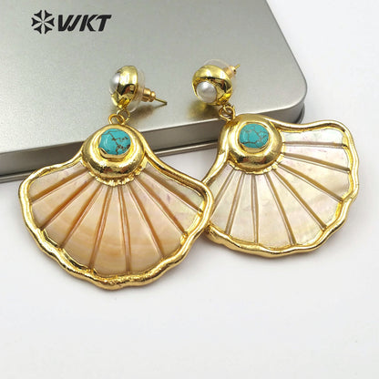 WT-E504 Amazing Big Punk Casual Style Natural Scallop Shape Shell Earrings 18k Real Gold Plated Shell with Turquoise Decorative