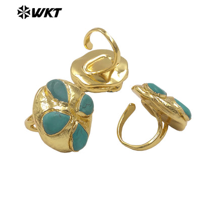 WT-R576 Beautiful Design Gold Electroplated Natural Green Turquoise Stone Flower Shape Rings For Lady Party Decorative Jewelry