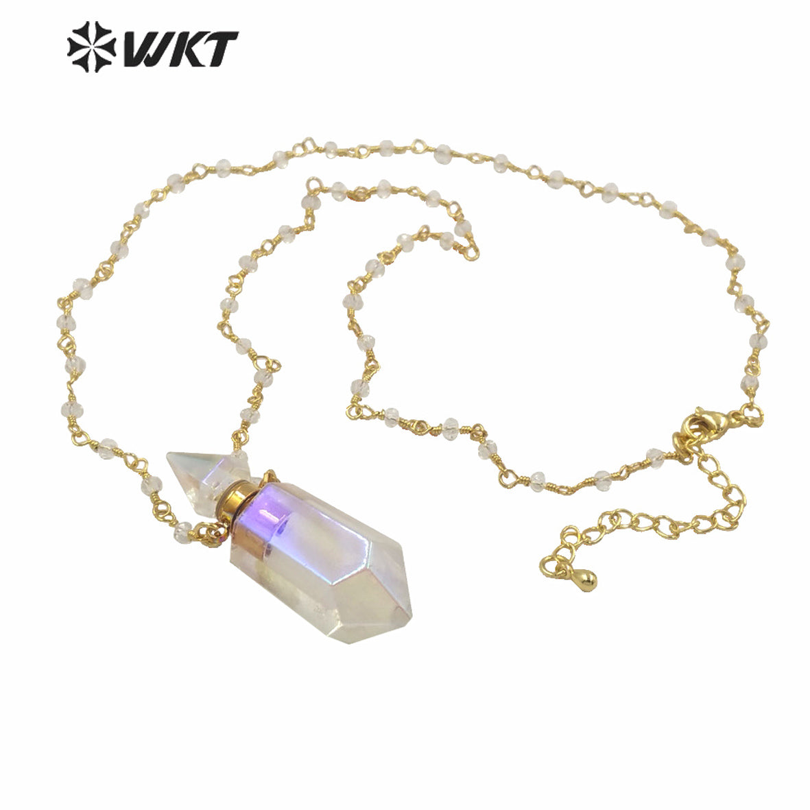 WT-N1233 Wholesale Women Double Point Aura Crystal Quartz Point Necklace Gold Plated Crystal Rosary Beads Spirit Bottle Necklace