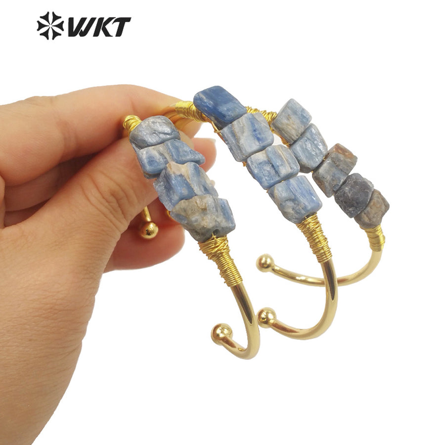 WT-B596 WKT Blue Natural Stone Blue Kyanite Opening Adjustable Gold Plated Bangle Beautiful Women Fashion Vintage Style Bangle