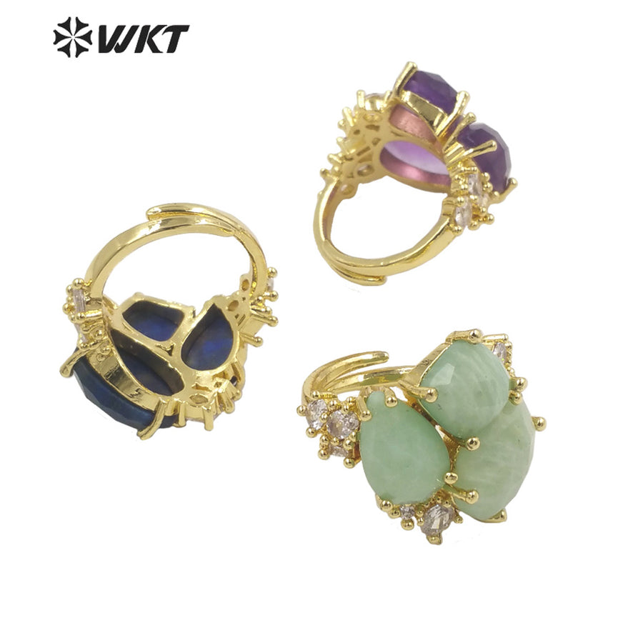 WT-R450 WKT Newest Natural Precious Triple Stone Geometric Shape Women Ring Ins Hot Gold Plated Lapis Jewelry Ring