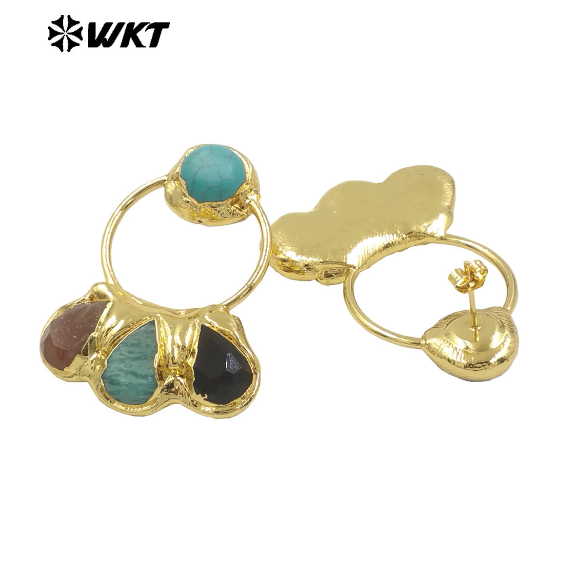 WT-E755 WKT Exclusive Hand Made Multi Natural Stone Big Statement 18K Gold Plated Water Drop Pendant Earrings
