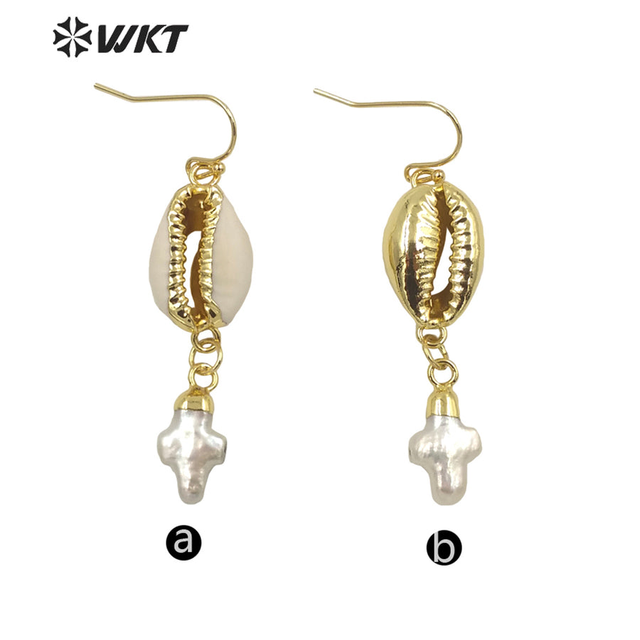 WT-MPE058 Gorgeous 18k Gold Electroplated Resist Tarnishable Natural Cowrie Shell with Pearl Charm Earrings Lady Shell Earrings