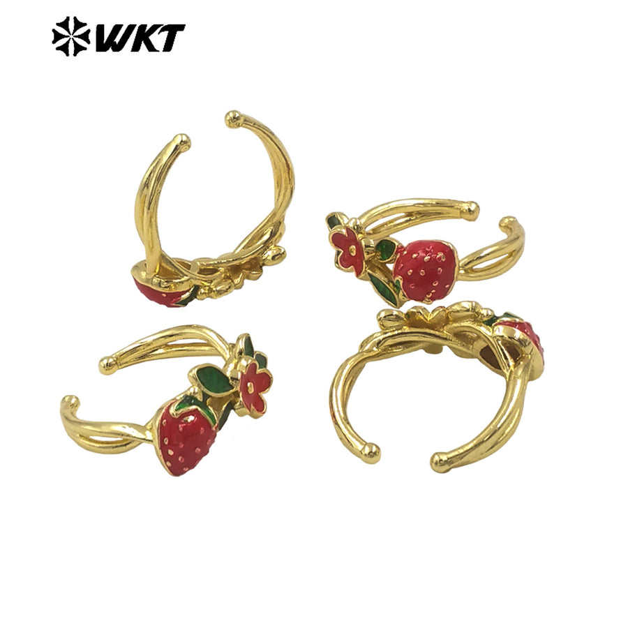 WT-RF011 Beautiful Colored Strawberry and Flower Charms Yellow Brass Drop Oil Red Fruits Ring for Girls Decorative