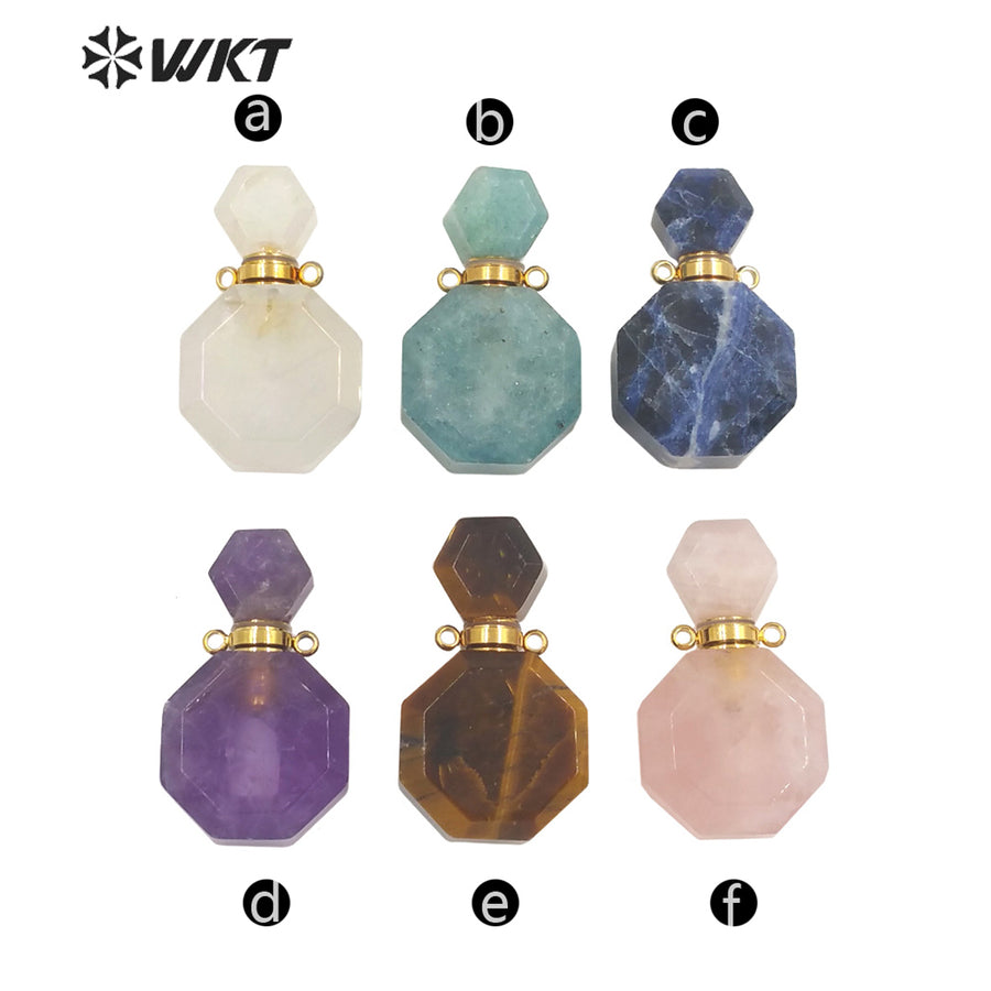 WT-P1759 WKT Hot Sale! Natural Stone Perfume Bottle Pendant Pink Quartz Amethyst Amazonite Pendant Jewelry Necklace Accessory