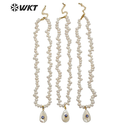WT-JN115 Wholesale 16" Natural Pearl Beads Necklace With Eye Charm Shell Pendant Fashion Lady Jewelry Pearl Necklace